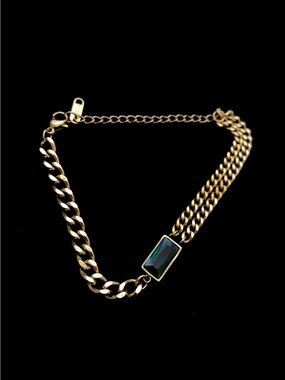 Gold-Tone Stainless Steel Emerald-Cut Green Stone Curb Chain Bracelet